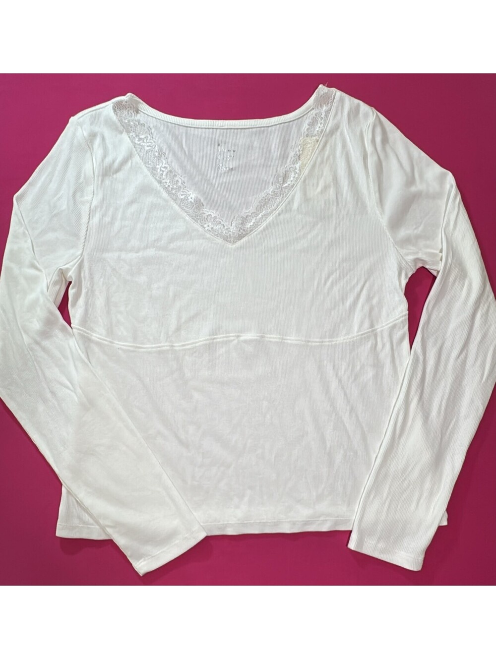 A New Day White Lace Trim Ribbed Long Sleeve Top Size L New